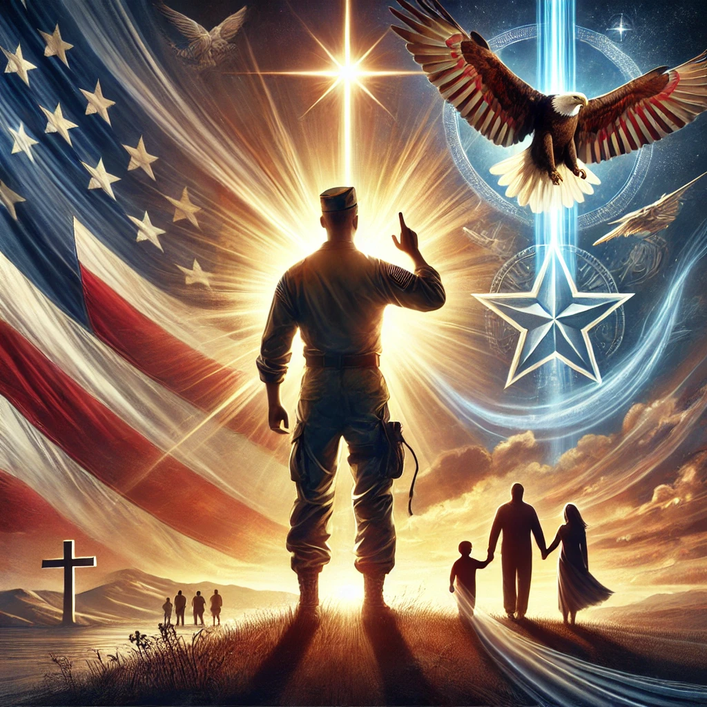 A symbolic figure representing 'The One' in a family, standing tall with a glowing horizon, American flag, bald eagle, and church in the background, symbolizing faith, leadership, and legacy.